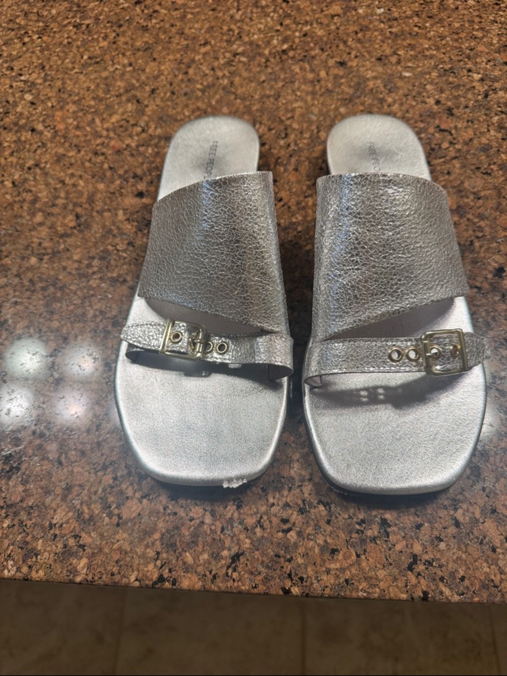 Free People Metallic Silver Buckle Slide Sandals